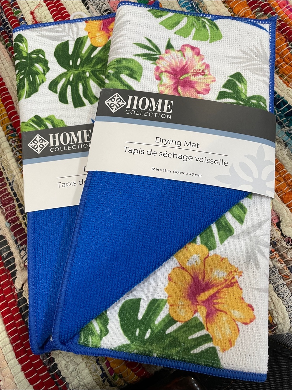 Set of 2 Home Collection Blue Tropical Hibiscus and palm Drying Mats